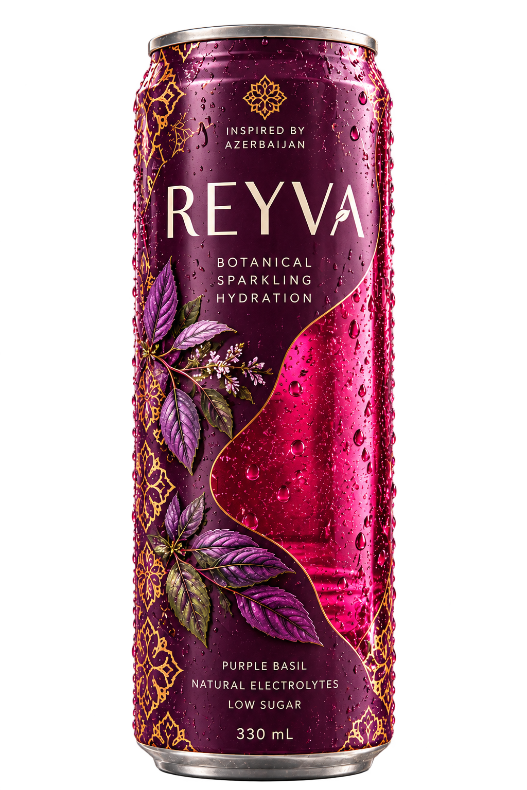 Front of the REYVA can with wordmark, basil illustration and ruby window