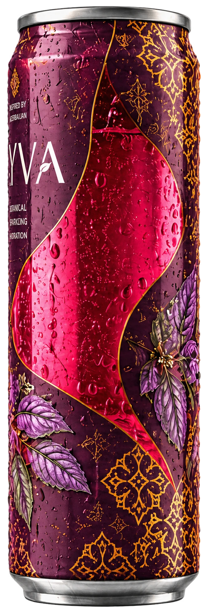 Side view of the REYVA can covered in condensation, with gold ornament, purple basil leaves and a ruby-magenta wave